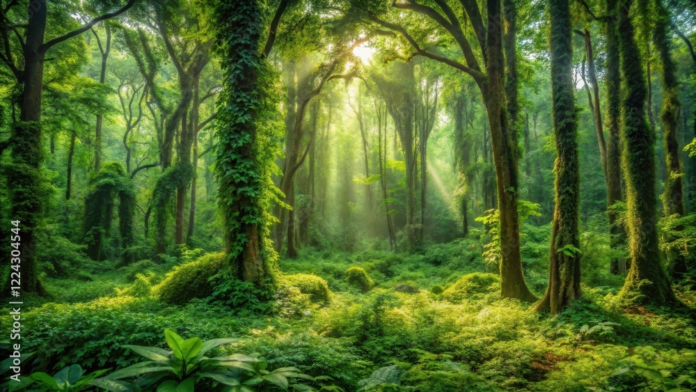Fototapeta premium Dense Lush Forest with Tall Trees and Vines, animal habitat, wilderness, animal habitat