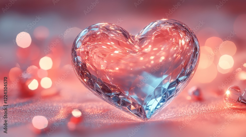 Fototapeta premium Sparkling Crystal Heart with Glowing Lights in Romantic Pink and Red Bokeh Background for Valentine's Day or Love-Themed Design