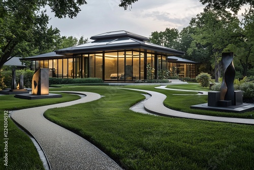 Hexagonal rooftop and glass panels with a sculptured modern garden.