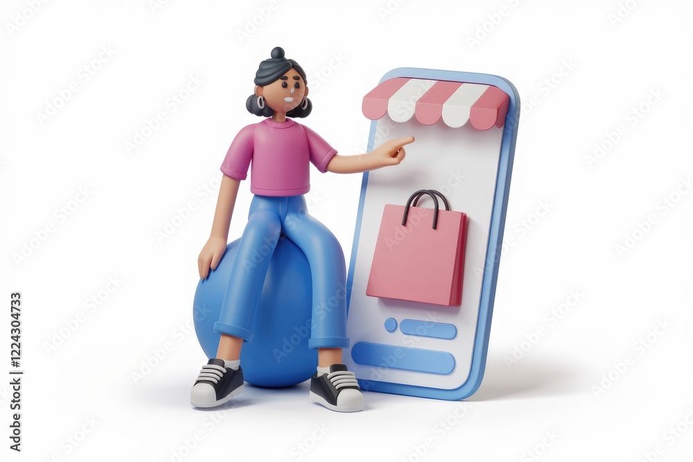 3D Animated Woman Pointing at Shopping Bag Icon on Tablet 3D Animated Woman Pointing at Shopping Bag Icon on Tablet