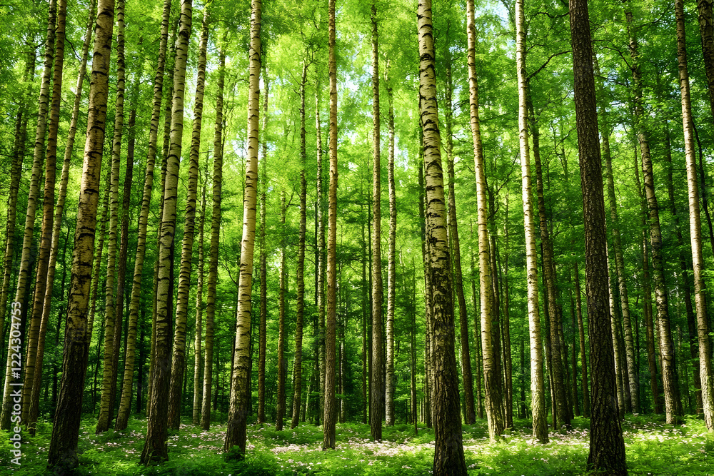 Lush Green Forest with Tall Trees Under Bright Blue Sky Lush Green Forest with Tall Trees Under Bright Blue Sky
