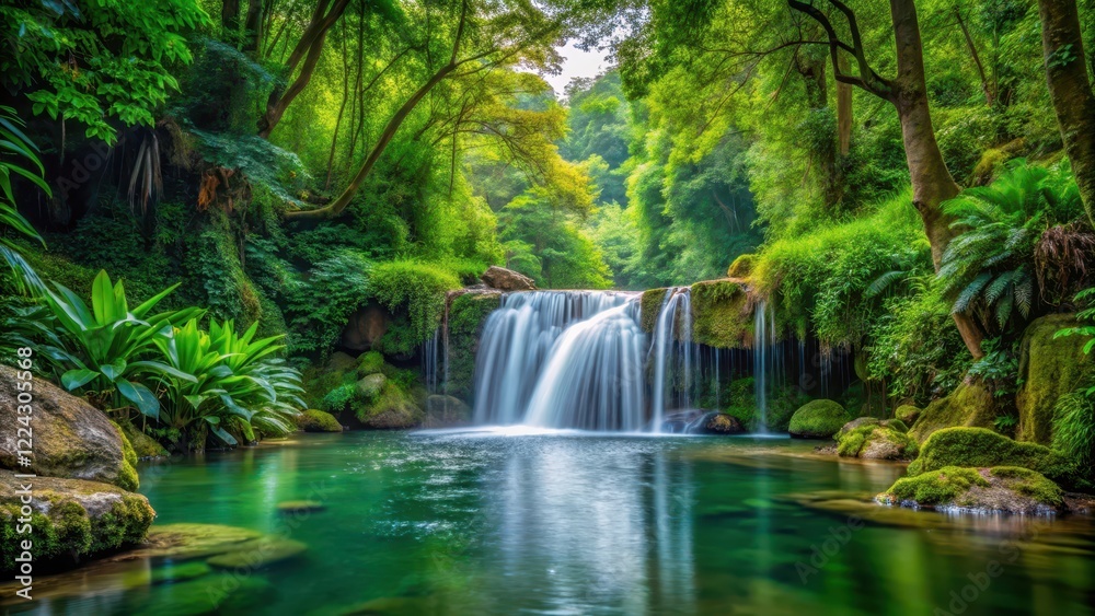 Serene forest oasis with gentle ripples on a tranquil small waterfall surrounded by dense foliage and vibrant greenery, natural beauty, lush Serene forest oasis with gentle ripples on a tranquil small waterfall surrounded by dense foliage and vibrant greenery, natural beauty, lush