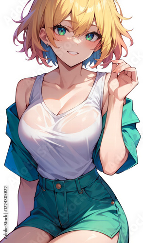 anime girl smiling, blonde hair, teal outfit clip art preview