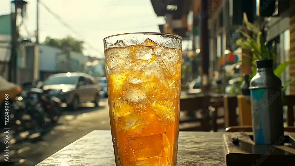 Refreshing iced tea in a bustling street caf? scene Refreshing iced tea in a bustling street caf? scene