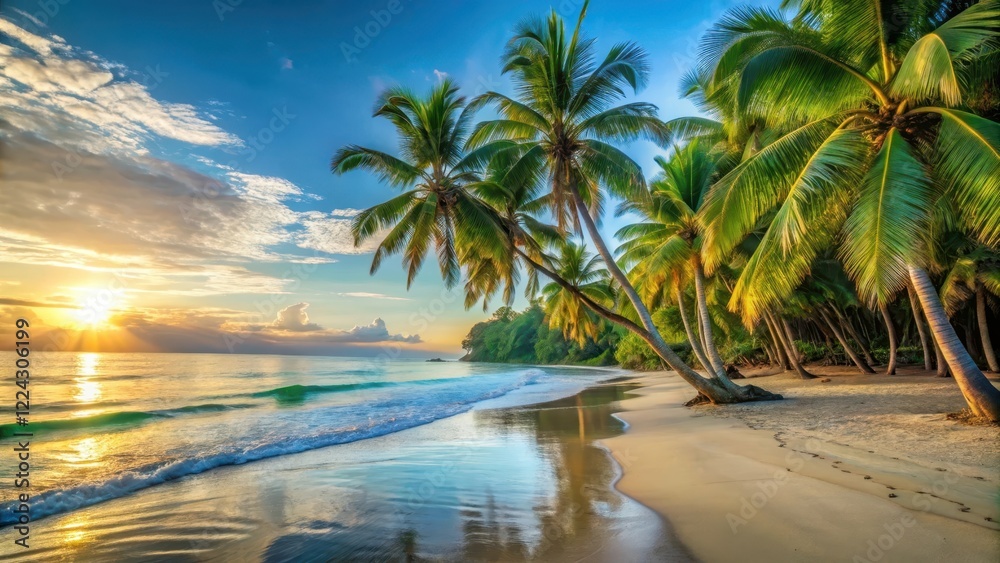 Obraz premium Palm trees and turquoise water on a white sandy beach at sunrise, tropical, uvita, tropical