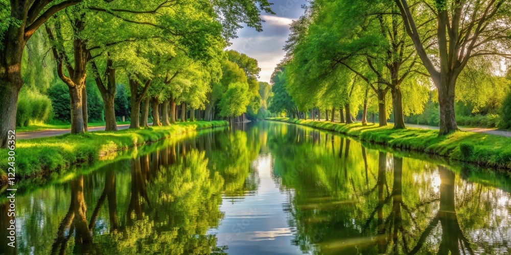 Fototapeta premium Serene canal scene with lush green trees reflected in calm water, surrounded by serene surroundings, canal, greenery, canal