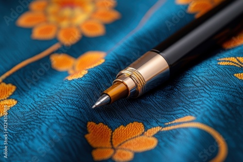 Detailed Macro Shot of Vibrant Bhutanese Kera Fabric and Pen photo