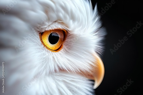 Majestic close-up of a snowy owl with striking yellow eyes and white feathers in a dark background