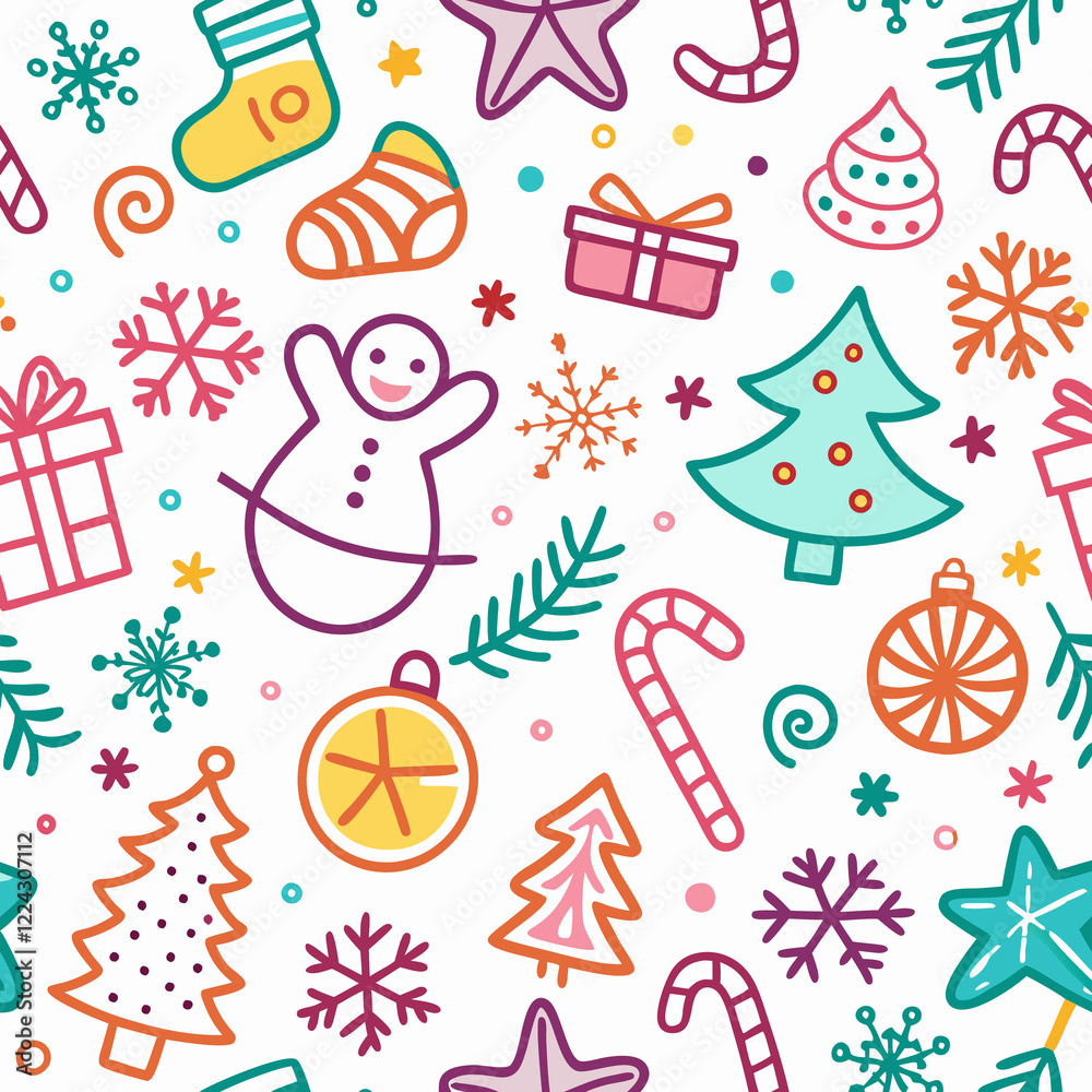 Fototapeta premium Colorful Christmas seamless pattern with festive elements.