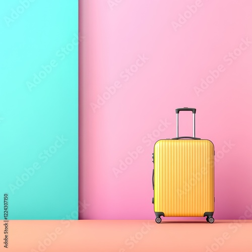 Vibrant Trolley Suitcase Against Pastel Wall: A Striking Contrast
