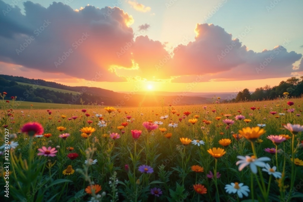 Softly glowing clouds and wildflowers in a peaceful meadow at sunset, nature, warm light, softly glowing