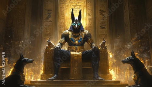 Anubis, Guardian of the Underworld, Sits Enthroned with his Loyal Companions