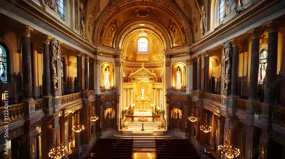 Fototapeta premium Grand Historic Church Altar with Illuminated Interiors and Artwork : Generative AI