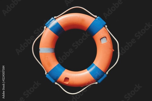 A Classic Lifebuoy Against a Striking Black Background photo