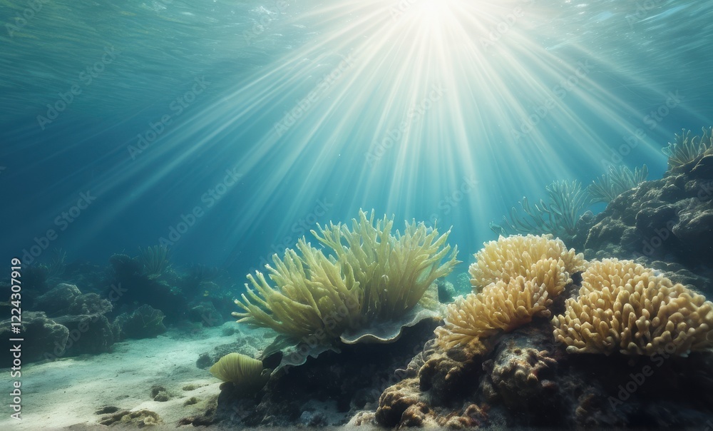Fototapeta premium Sunlit Underwater Coral Reef Scene