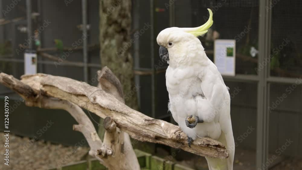 A Sulphur-crested Cockatoo eats a treat in its enclosure. Bird enjoying a snack. The Parrot Place, Kerikeri, New Zealand A Sulphur-crested Cockatoo eats a treat in its enclosure. Bird enjoying a snack. The Parrot Place, Kerikeri, New Zealand