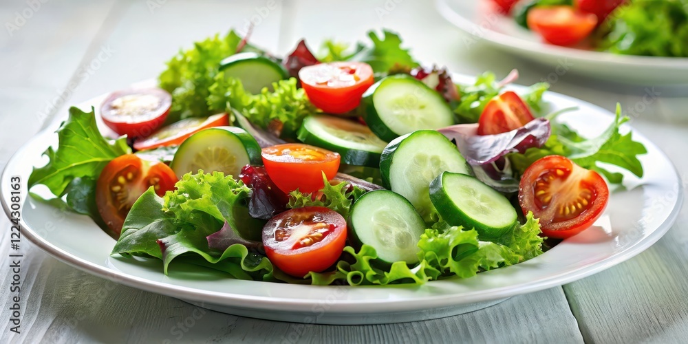 Crisp mixed greens salad on a white plate with cherry tomatoes and cucumber slices, vegetables, green salad Crisp mixed greens salad on a white plate with cherry tomatoes and cucumber slices, vegetables, green salad