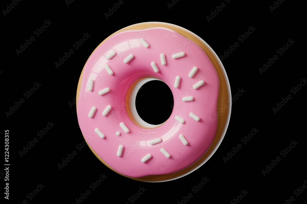 A Lifelike Pink Donut With White Sprinkles Against A Black Background A Lifelike Pink Donut With White Sprinkles Against A Black Background