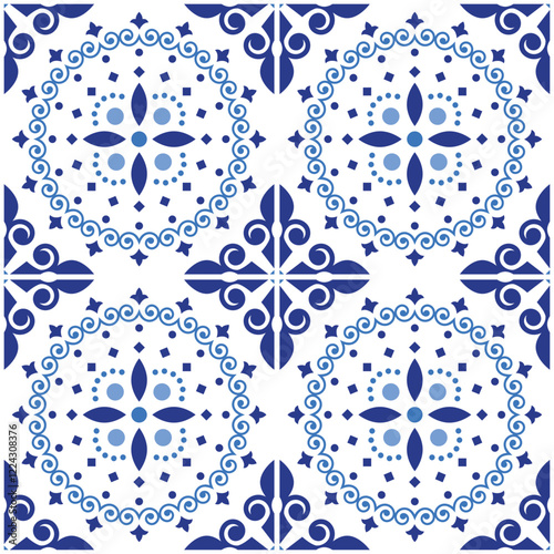 Portuguese and Spanish inspired Azulejo tile seamless vector pattern in navy blue - perfect for textile and fabric print