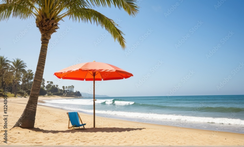 Sunny Beach Scene with Orange Umbrella and Blue Chair Under Palm Tree Sunny Beach Scene with Orange Umbrella and Blue Chair Under Palm Tree
