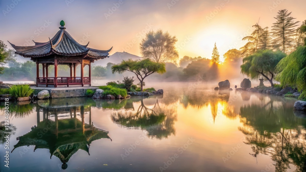 Fototapeta premium tranquil landscape, traditional chinese garden, water feature, oriental architecture, sun rise, peaceful atmosphere, serenity, reflection, misty dawn, natural ambiance
