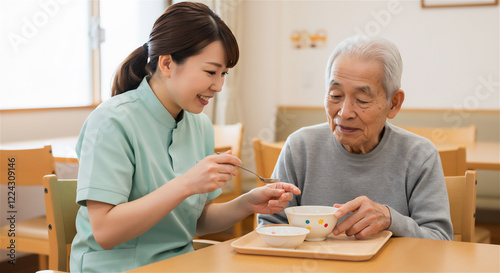 高齢者に食事を補助する介護士