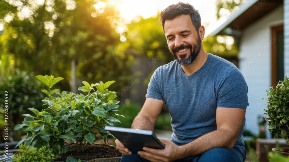 Fototapeta premium Happy Man Using Tablet in Garden While Enjoying Sunny Day Surrounded by Greenery and Relaxing Outdoors