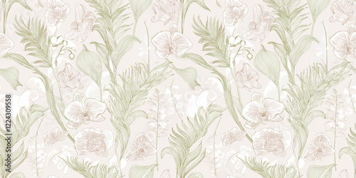hand-drawn botanical design featuring delicate flowers, leaves, and ferns in soft pastel tones on a neutral background, perfect for various artistic and decorative uses.