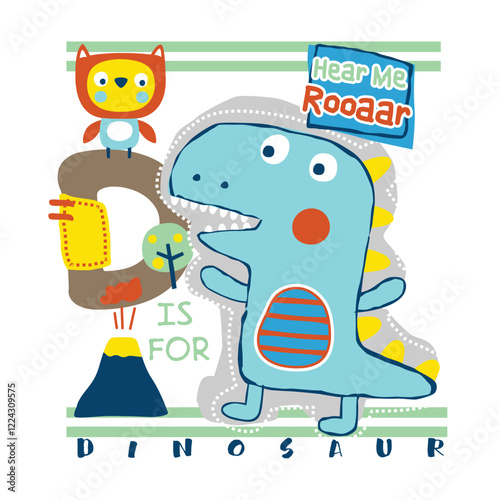 Illustration of a cute dinosaur with volcano and owl. Prehistoric concept
