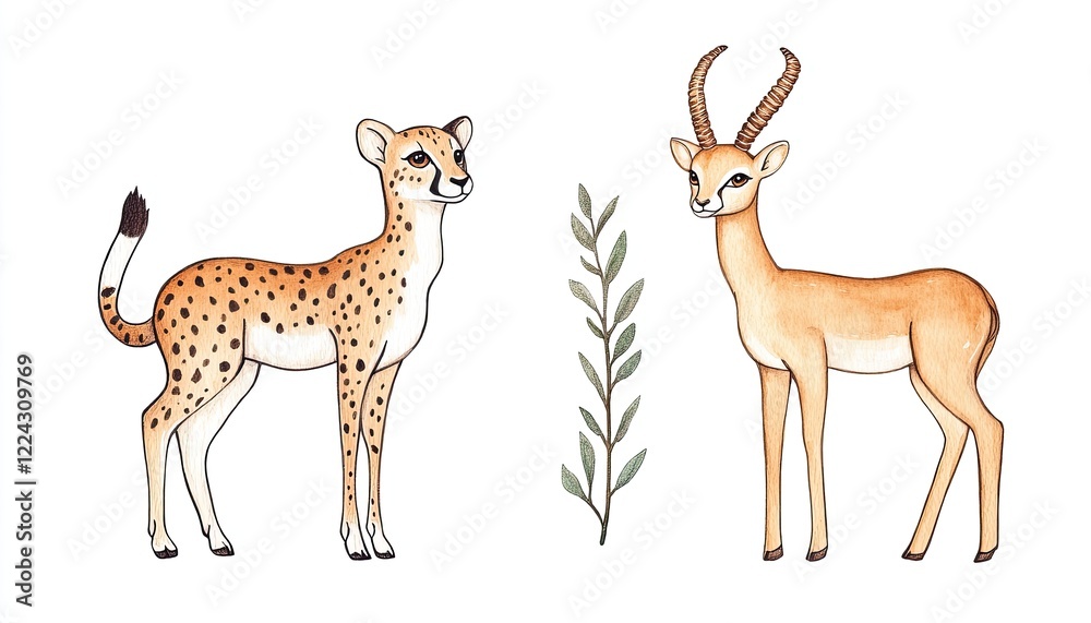 custom made wallpaper toronto digitalIllustration of a cheetah and an antelope with foliage, showcasing wildlife in a minimalist style
