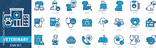 Veterinary Icon set with Pets,Male Veterinarian,Ultrasound,Dermatology,Adoption,Dog,Registration,Cone of Shame,X ray,Vaccine,Checkup,First Aid Kit,Muzzle and Pet Insurance