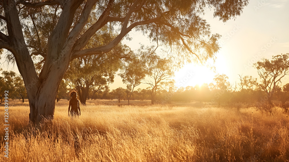 Scenic View of Sunrise in Serene Field with Trees and Person Walking Silhouetted : Generative AI Scenic View of Sunrise in Serene Field with Trees and Person Walking Silhouetted : Generative AI