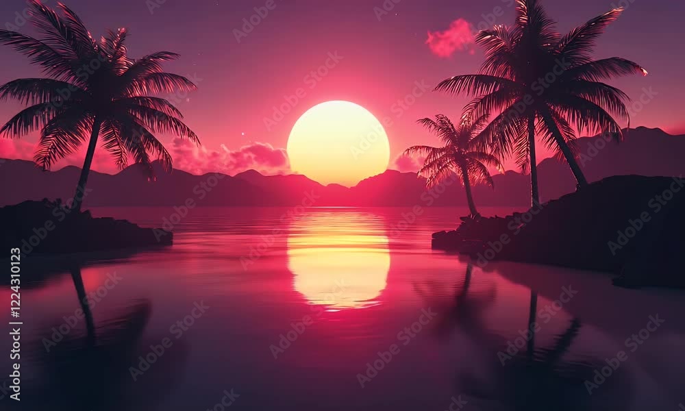 Pink sunset, tropical island, palm trees, ocean reflection, travel poster Pink sunset, tropical island, palm trees, ocean reflection, travel poster