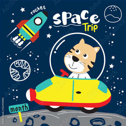 Cat astronaut flying spaceship with rocket on space trip in playful design. Space adventure concept
