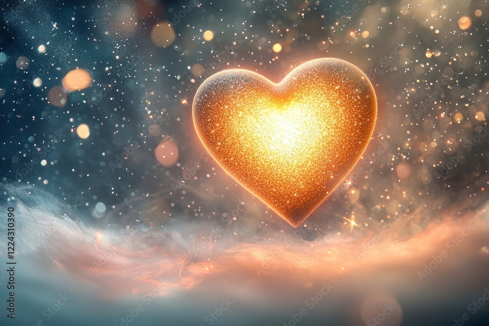 Obraz premium A heart-shaped glow suspended in mid-air, surrounded by soft mist and shimmering particles, soft light streaming from the background