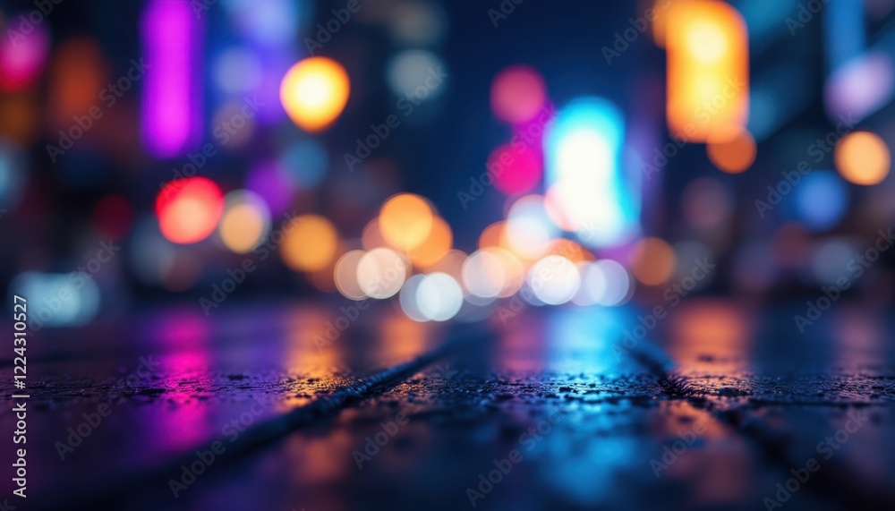 Vibrant blurred city lights reflecting on wet street at night Vibrant blurred city lights reflecting on wet street at night