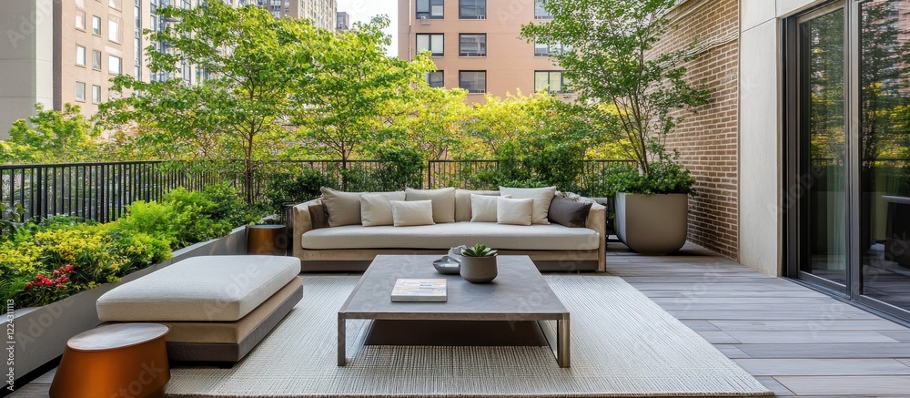 A modern hotel suite outdoor living area with a couch, table, plants, and city view A modern hotel suite outdoor living area with a couch, table, plants, and city view