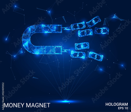 The hologram is a money magnet. A money magnet made of polygons, triangles, dots, and lines. The money magnet has a low-poly connection structure. Technology concept vector.