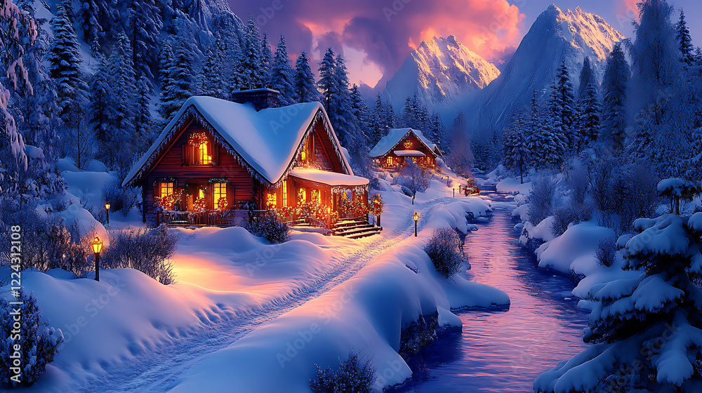 Fototapeta premium Cozy Snow-Covered Cabins Glowing Warmly in Evening Light, Nestled Among Snowy Pines and Mountain Range