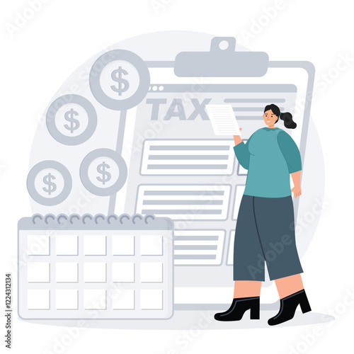 Female Character Filing Taxes Holds Form Near Calendar and Dollar Signs