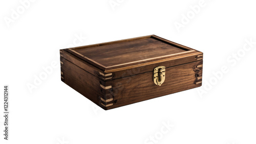 Old wooden box with lock and vintage decorations isolated on alpha channel