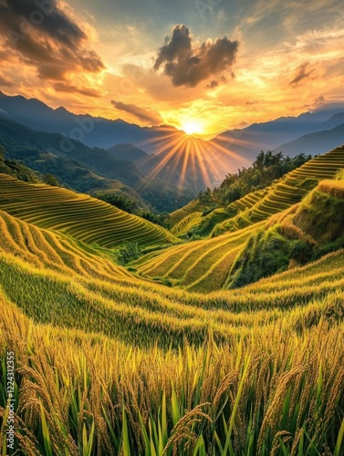 Golden rice terraces bask in the warm glow of a setting sun with mountains in the background photo
