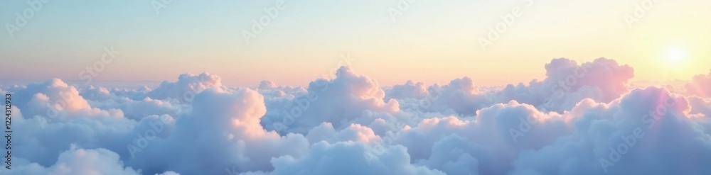 Softly glowing clouds drift across a serene sky, fluffy white clouds, peaceful landscape, serene sky