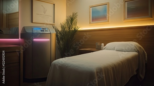 A clean spa room with a biostimulator machine set up beside fresh linens and soft lighting. photo