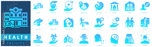 HEALTH FACILITY ICON SET with trauma center, palliative center, alternative medicine, family medicine center, genetic counseling and surgical center