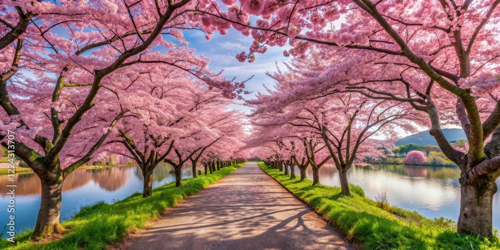 A serene cherry blossom road lined with vibrant pink flowers blooming in unison along the pathway leading to a serene lake in Japan, nature, japan landscape A serene cherry blossom road lined with vibrant pink flowers blooming in unison along the pathway leading to a serene lake in Japan, nature, japan landscape
