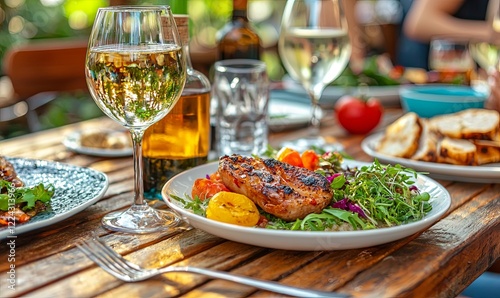 Grilled chicken salad, wine, outdoor dining, summer gathering