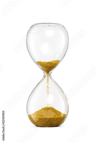 Hourglass with yellow golden sand isolated. Time concept. Transparent PNG image.