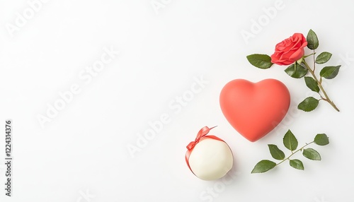 Heart-shaped decoration, white gift, and red rose on a minimalist background for romantic occasions