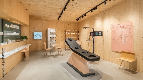 A modern clinic space with a biostimulator machine, surrounded by sleek, minimalistic furniture. photo